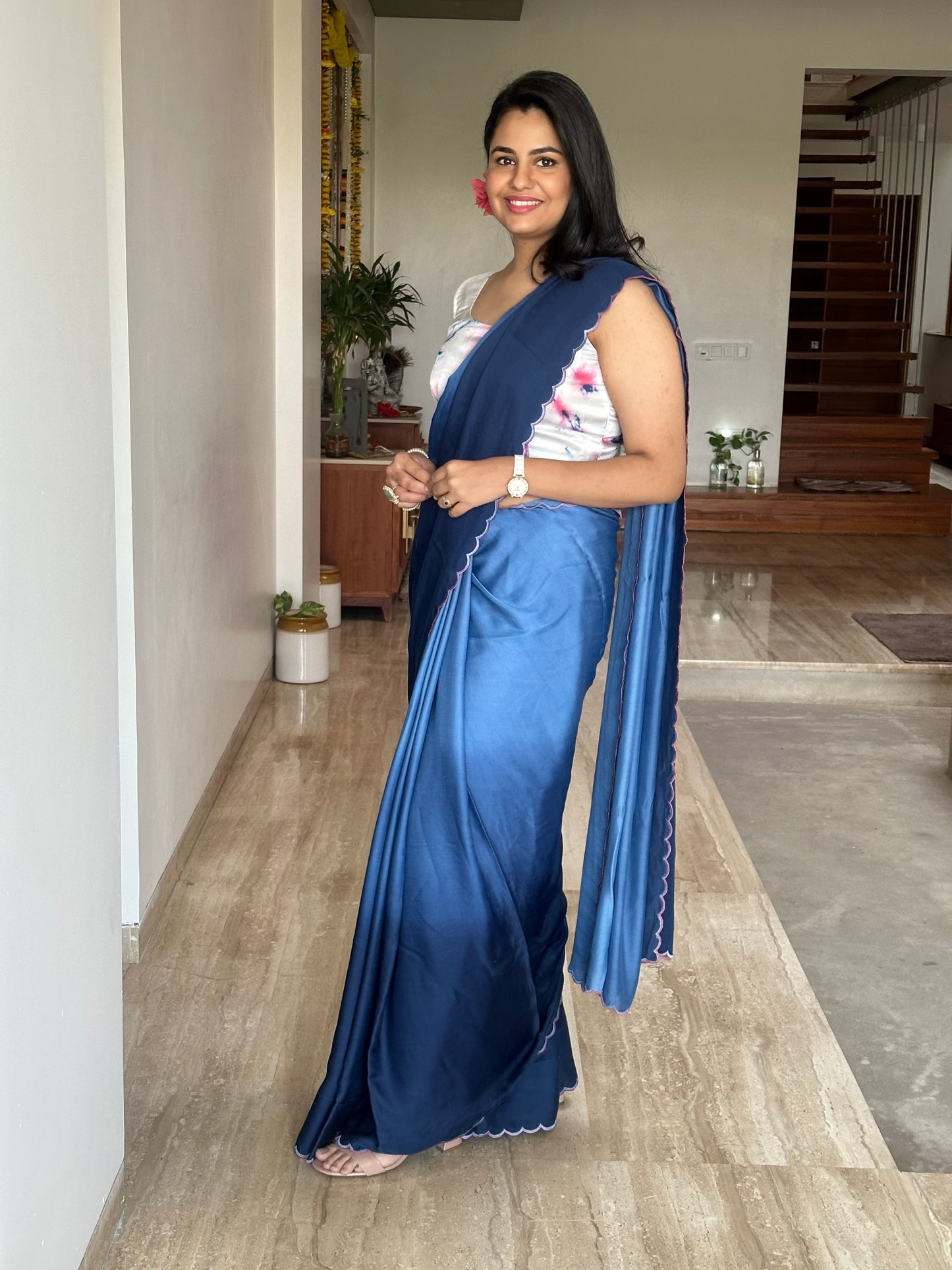 Royal Blue Ombré Cotton Satin Saree