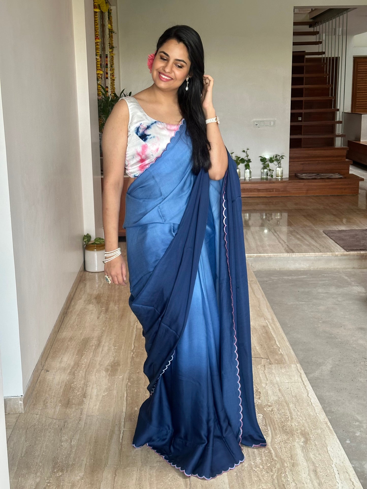 Royal Blue Ombré Cotton Satin Saree