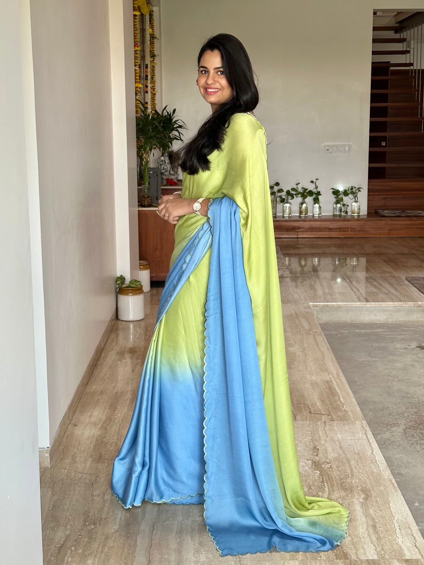 Blue-Green Ombré Cotton Satin Saree