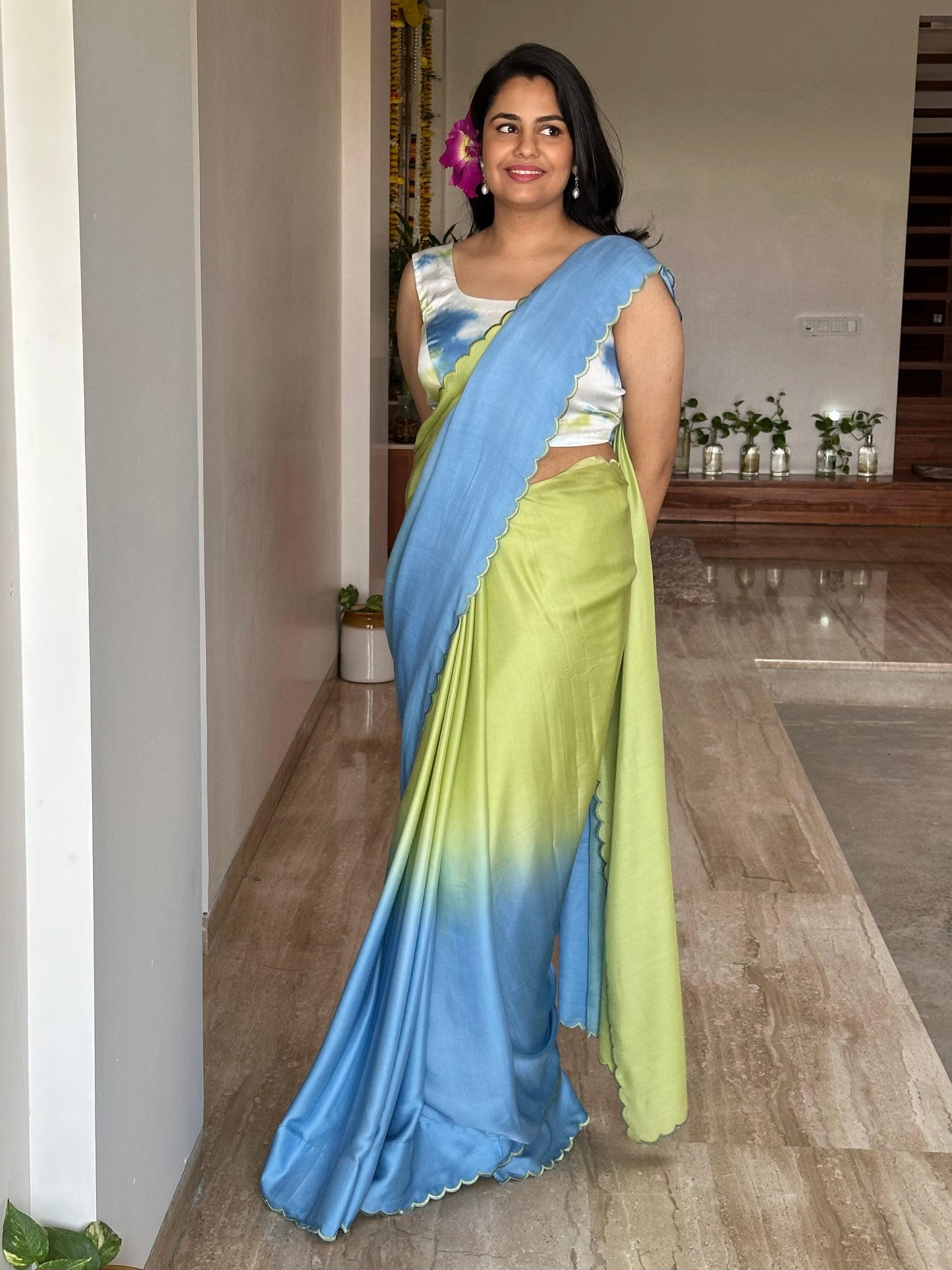 Blue-Green Ombré Cotton Satin Saree