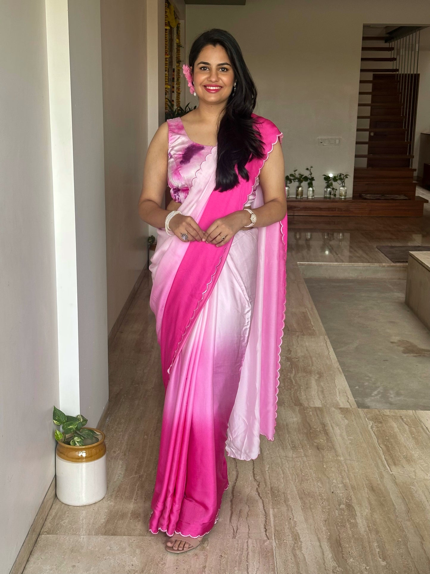 Dark Pink Ombré Cotton Satin Saree