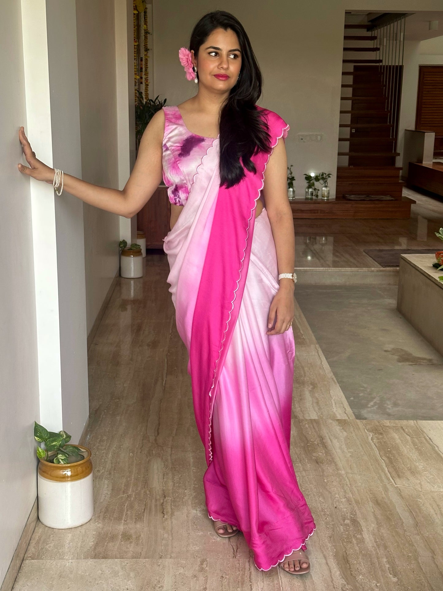 Dark Pink Ombré Cotton Satin Saree