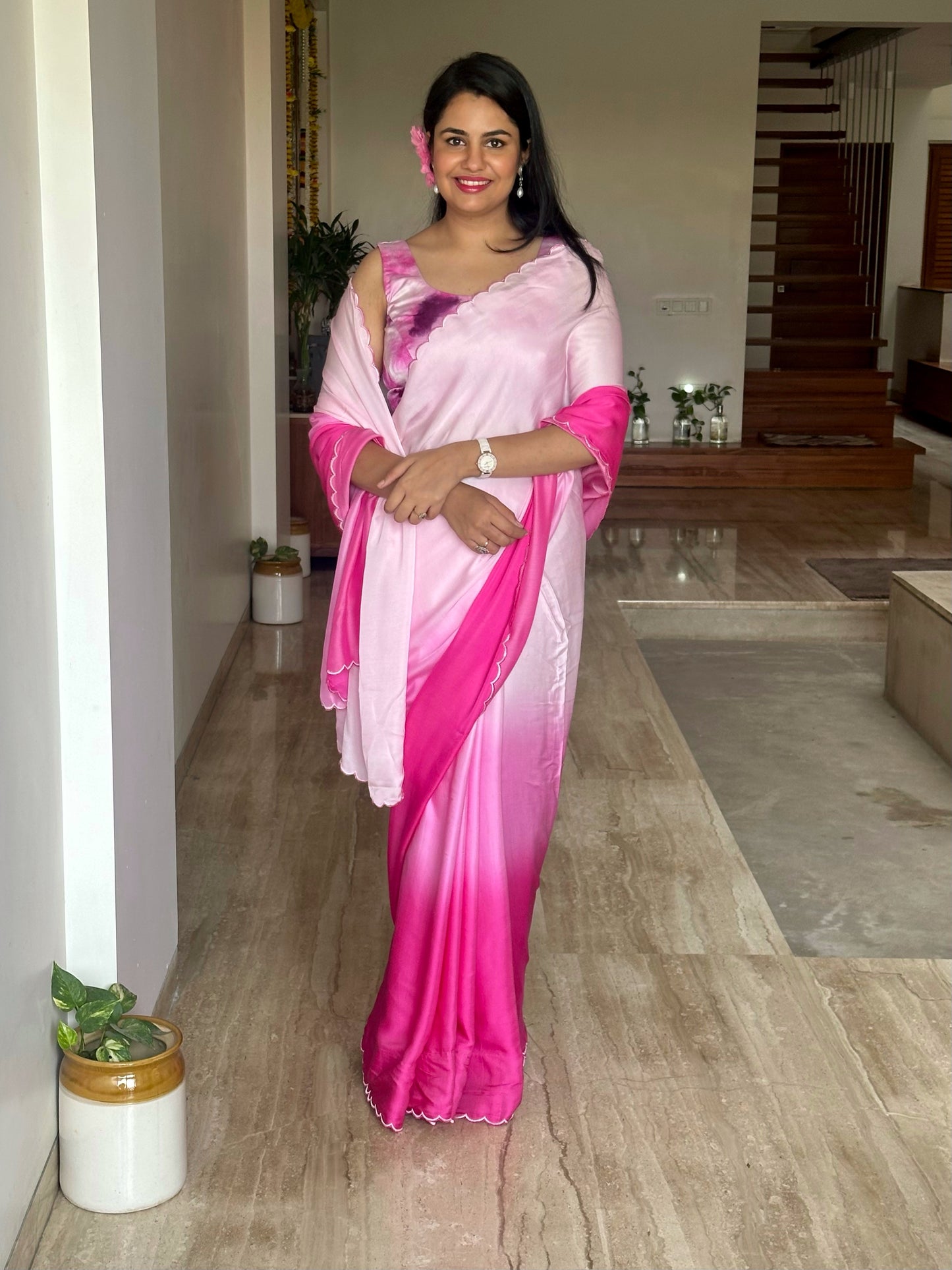 Dark Pink Ombré Cotton Satin Saree