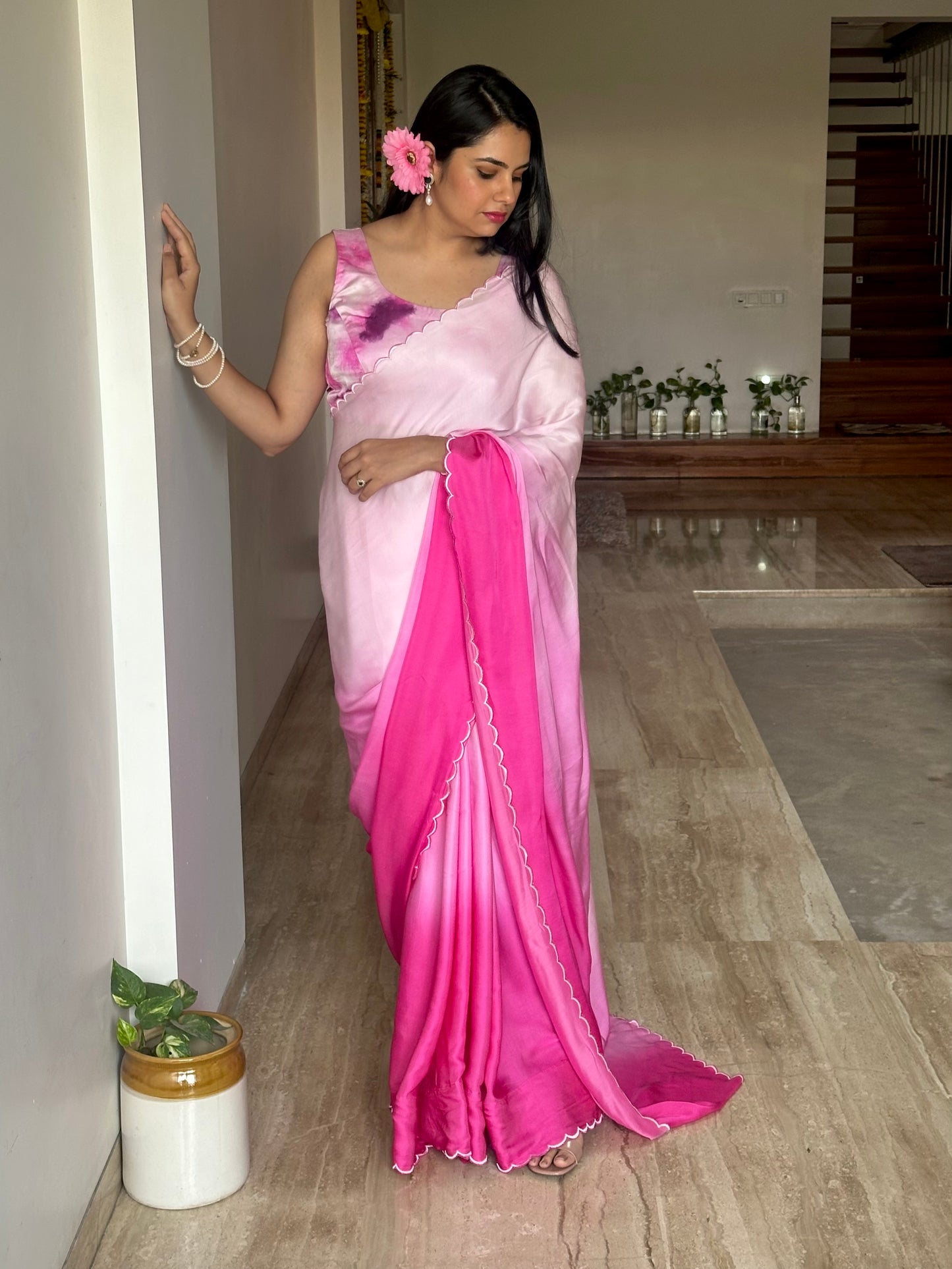 Dark Pink Ombré Cotton Satin Saree
