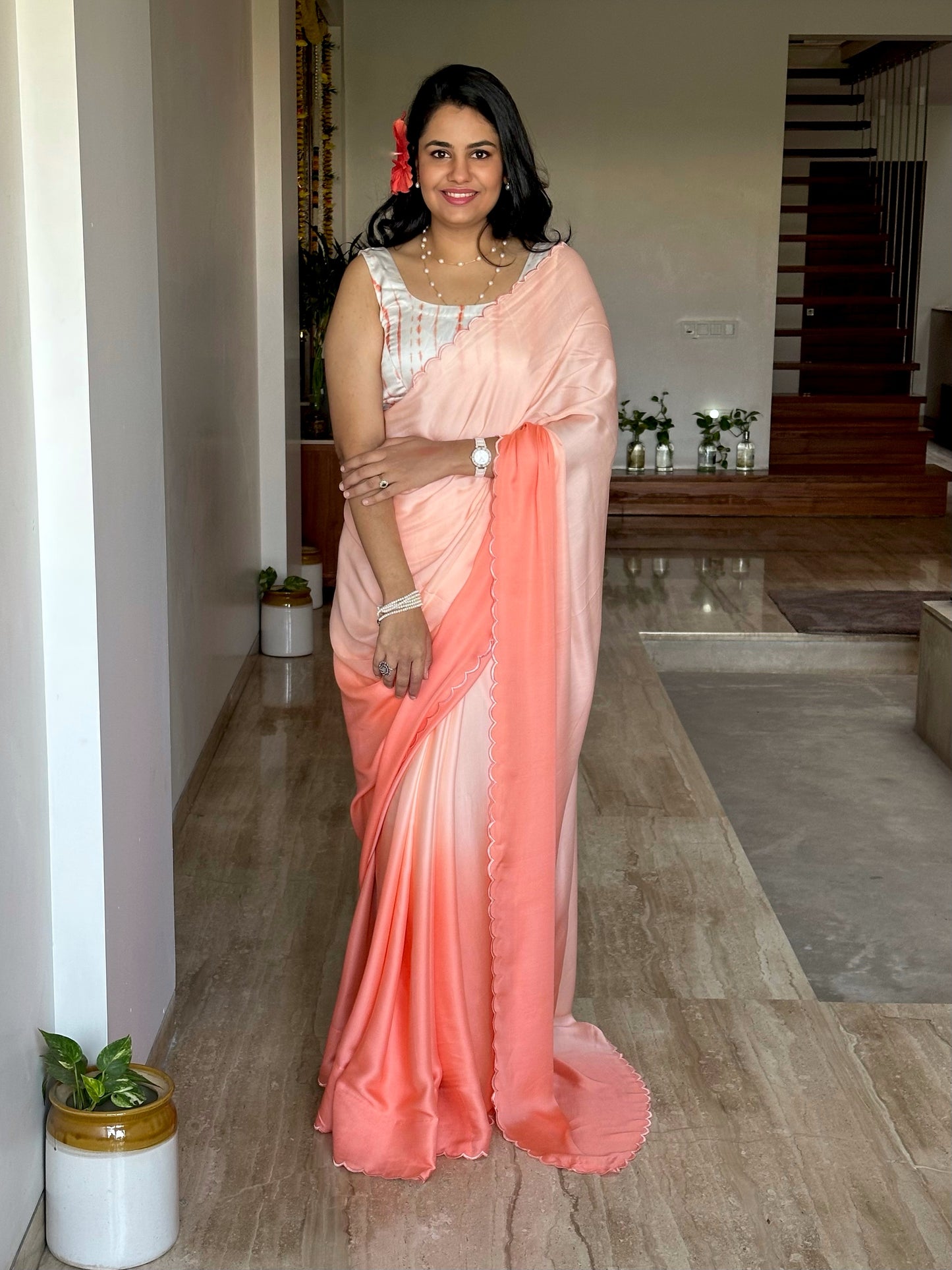 Peach Ombré Cotton Satin Saree