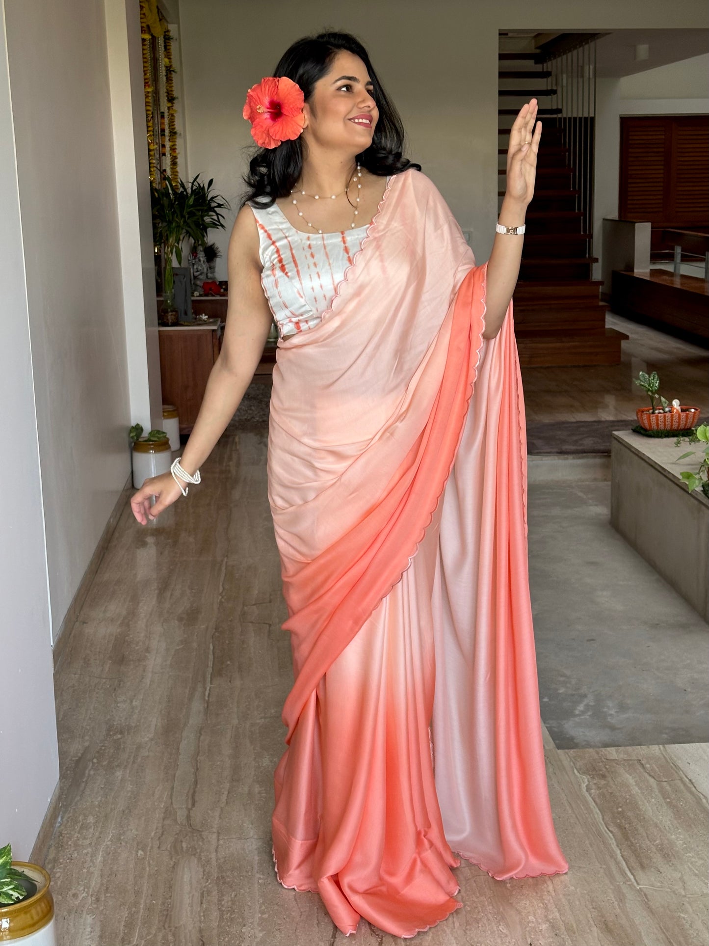 Peach Ombré Cotton Satin Saree
