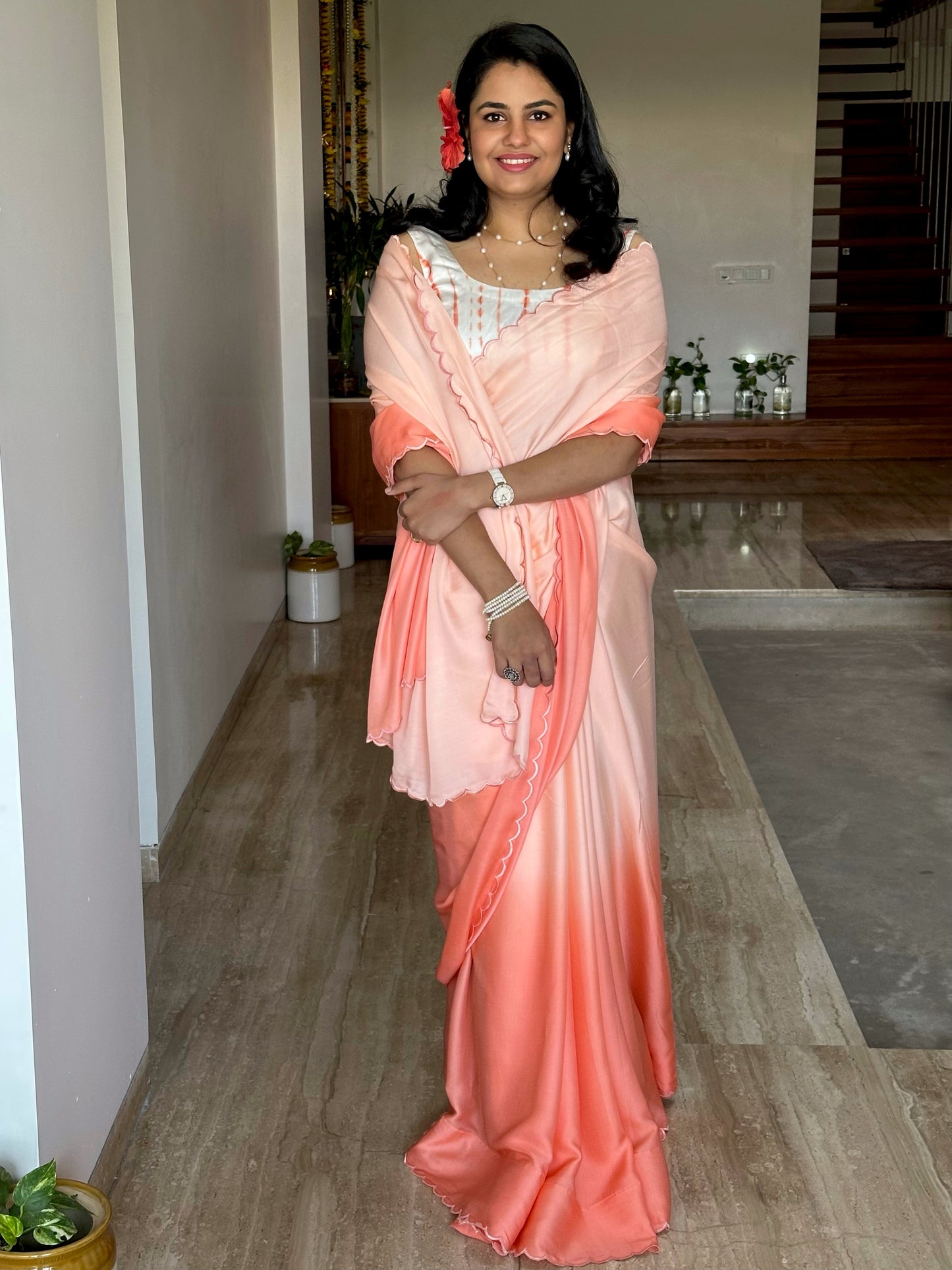 Peach Ombré Cotton Satin Saree