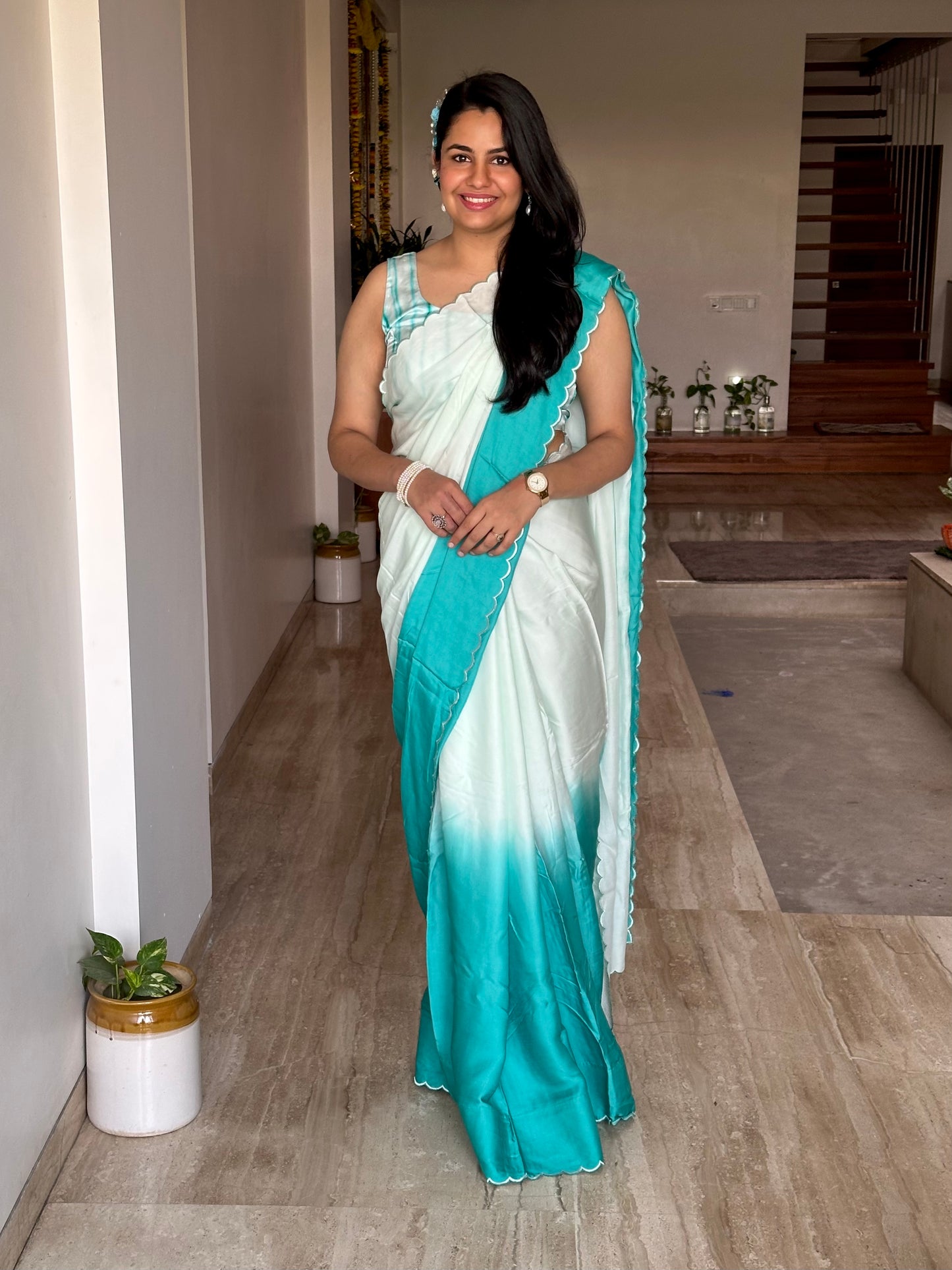 Sea Green Ombré Cotton Satin Saree