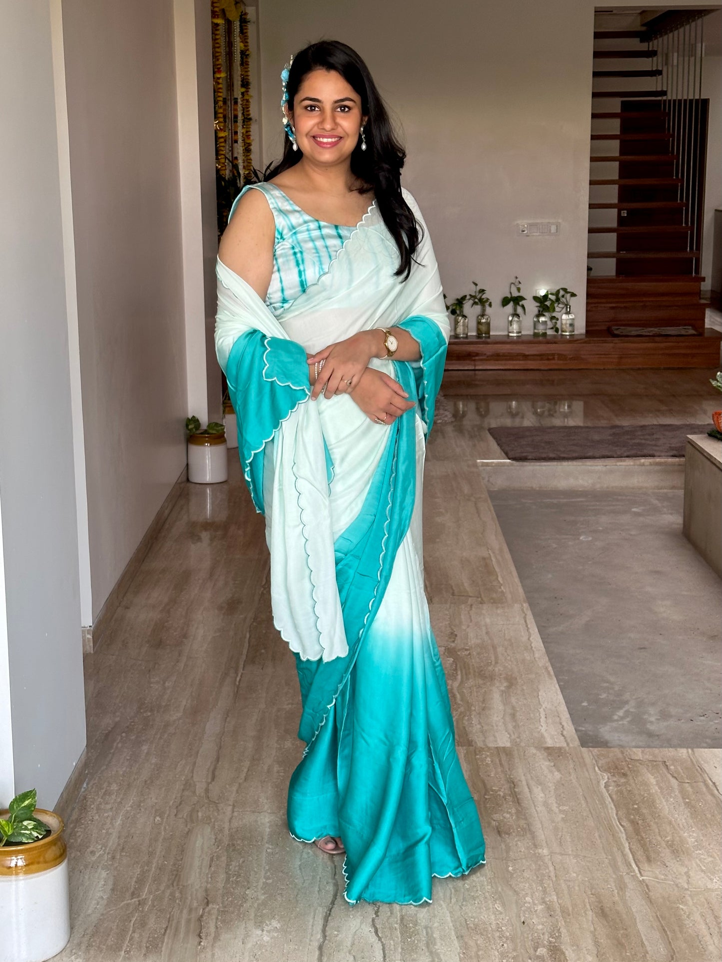 Sea Green Ombré Cotton Satin Saree