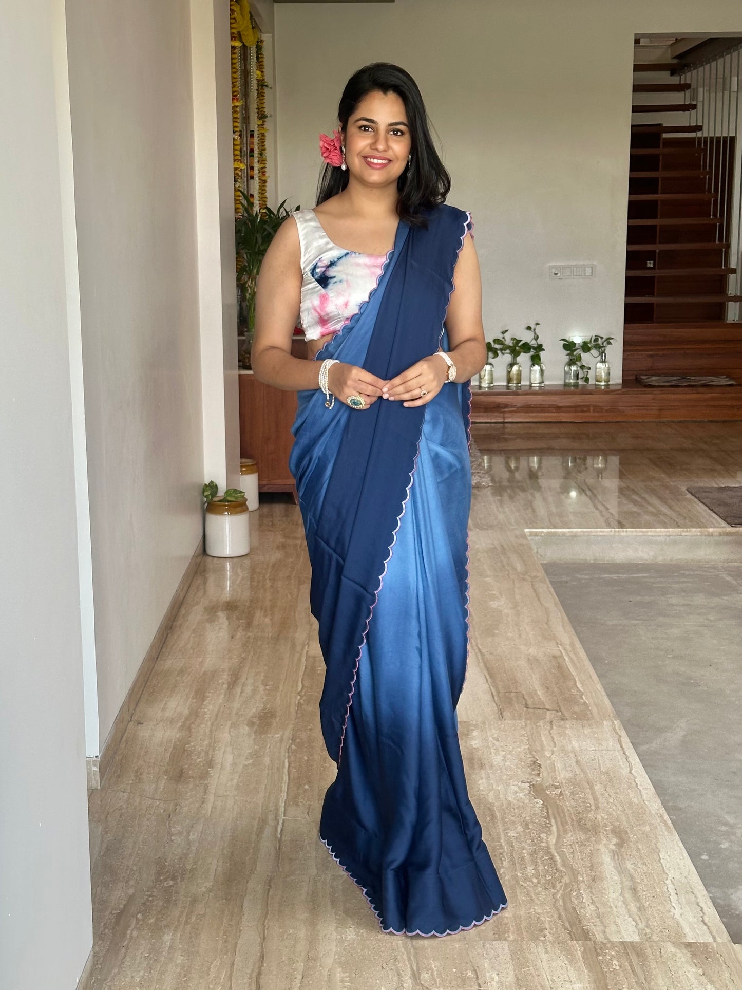 Royal Blue Ombré Cotton Satin Saree