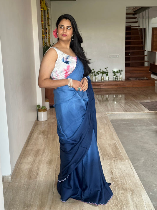 Royal Blue Ombré Cotton Satin Saree