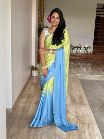 Blue-Green Ombré Cotton Satin Saree
