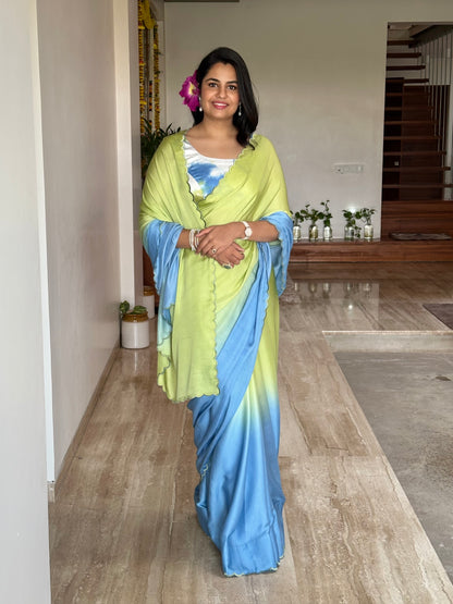 Blue-Green Ombré Cotton Satin Saree