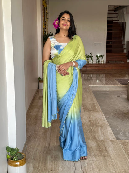 Blue-Green Ombré Cotton Satin Saree